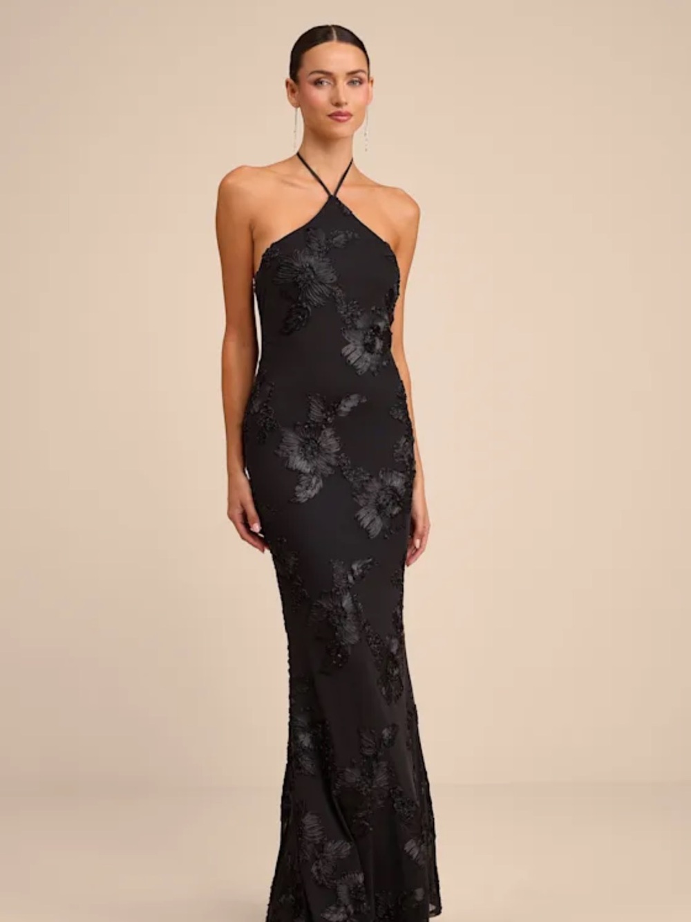 Lulus S Black Celyna Mesh Floral Applique Maxi Dress